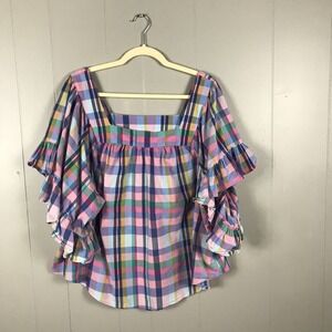 TERRA & SKY COLORFUL PASTEL PLAID PEASANT BLOUSE RUFFLED COTTAGECORE WOMENS 1X